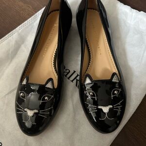 Charlotte Olympia Patent Black Panther Flats